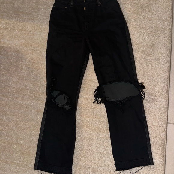 AMIRI Black Cropped Straight Leather Denim Pants Size 26 - Picture 1 of 5